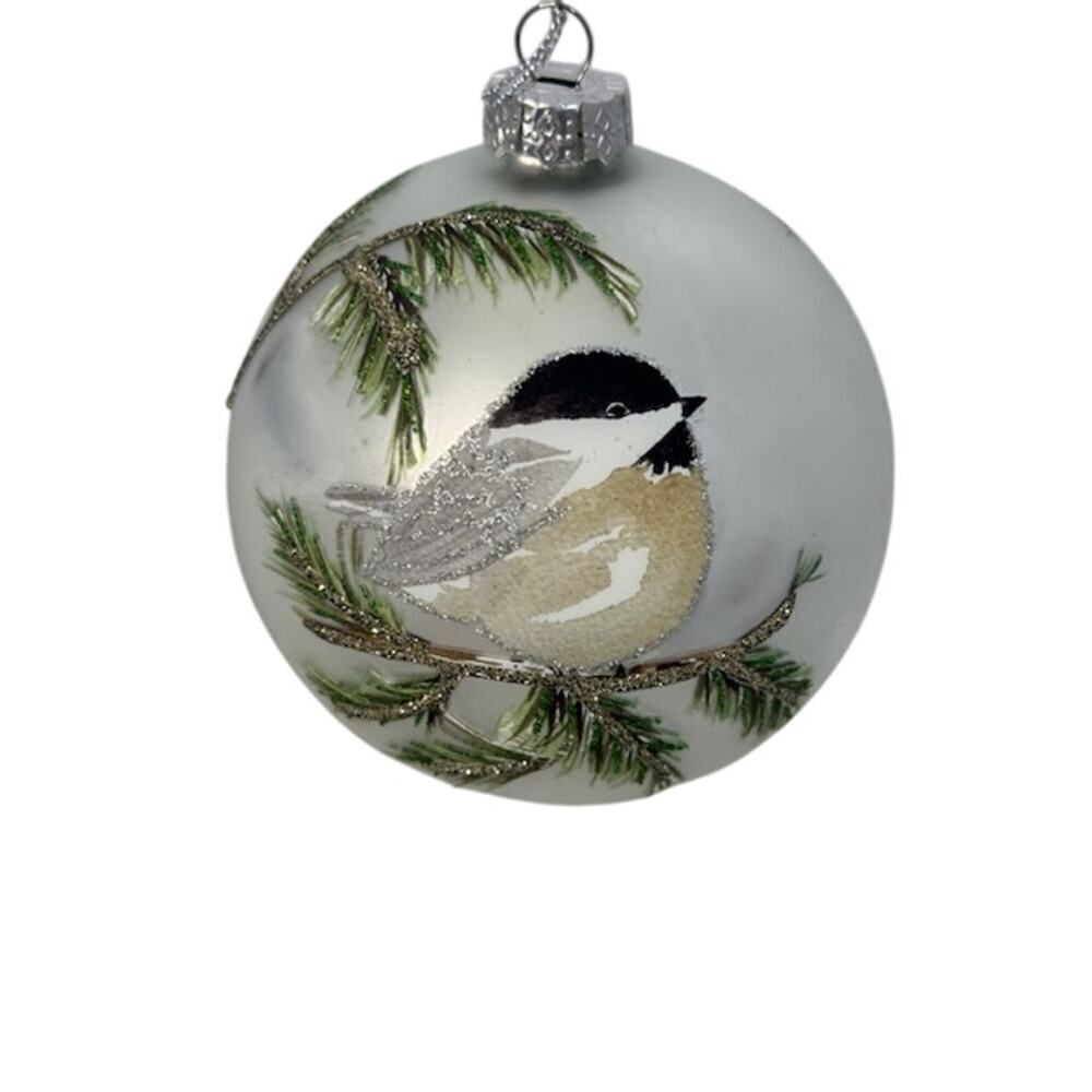 Raz Imports Winter Chickadee Glass Ball Ornament 5" Dee Beesley